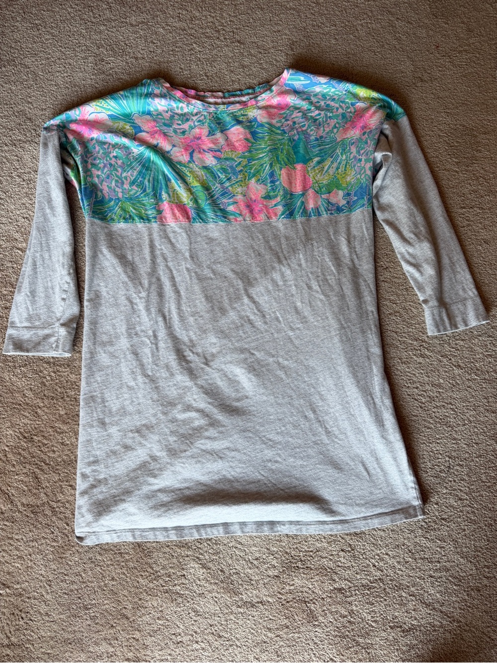 Lilly Pulitzer Gray Long Sleeve Top with Pink & Green Floral Yoke